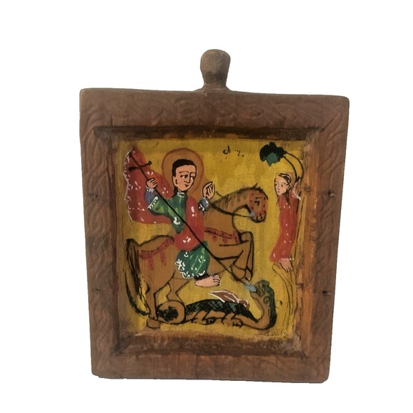 Vtg Ethiopian Orthodox‎ Coptic Wood Icon Hand Carved & Painted St George Dragon